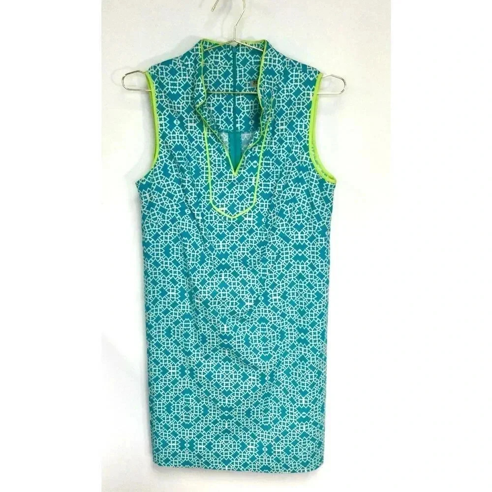 Eliza J Women's Teal Lime White Geometric Print Sleeveless‎ Shift Dress Size 12